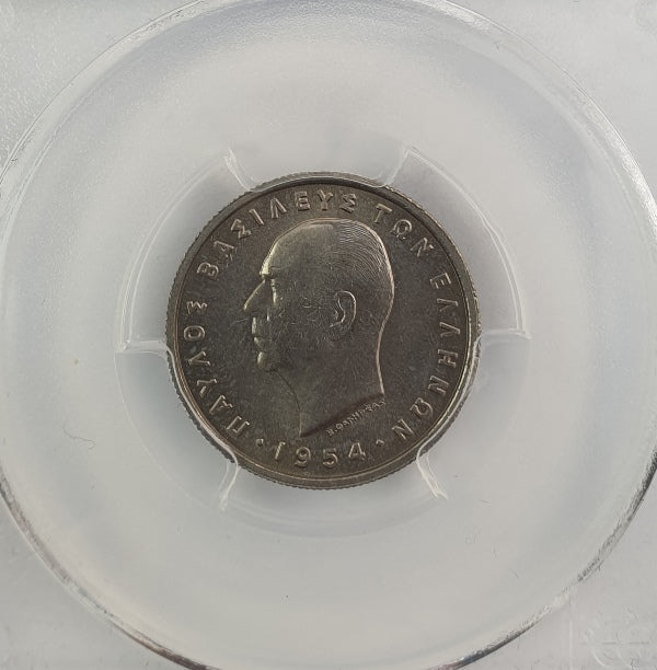 Greece - 1 Drachma 1954 (MS 65), Hallow Cheek, Paul I