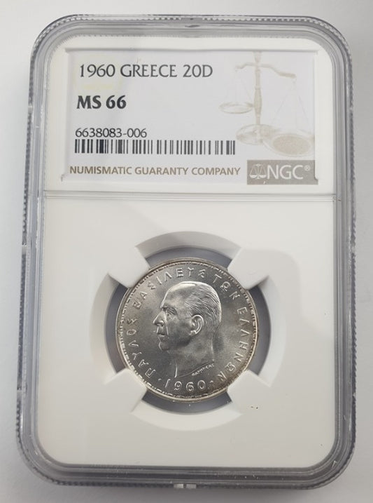 Greece - 20 Drachmas 1960 (MS 66), Paul I, Silver
