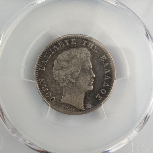 Greece - 1 Drachma 1846 (Genuine Holed-VF Detail), KM-15, Othon, Silver