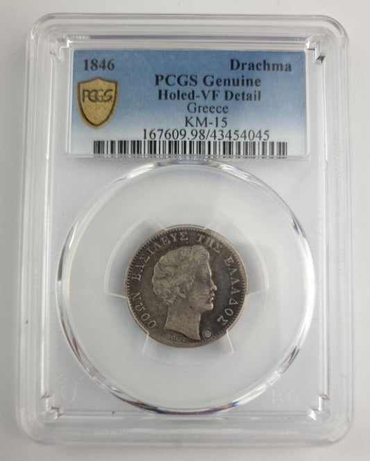 Greece - 1 Drachma 1846 (Genuine Holed-VF Detail), KM-15, Othon, Silver