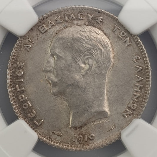 Greece - 1 Drachma 1910 (UNC DETAILS), OBV CLEANED, George I, Silver