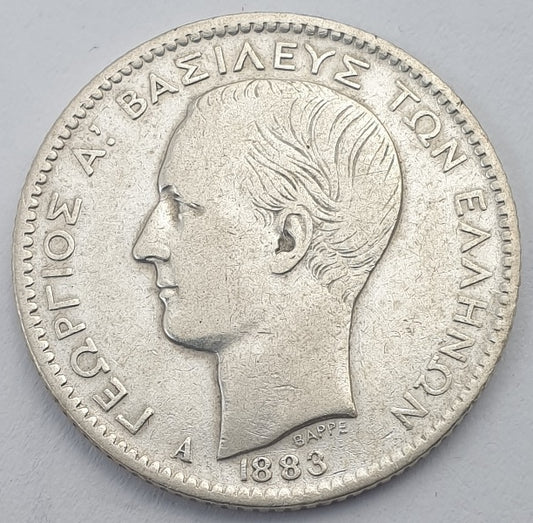 Greece - 1 Drachma 1883A, George I, Silver