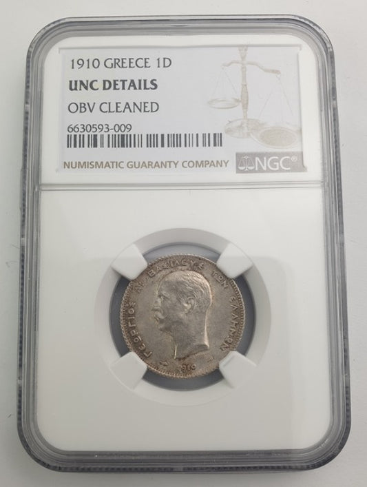 Greece - 1 Drachma 1910 (UNC DETAILS), OBV CLEANED, George I, Silver