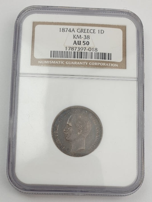 Greece - 1 Drachma 1874A (AU 50), KM-38, George I, Silver