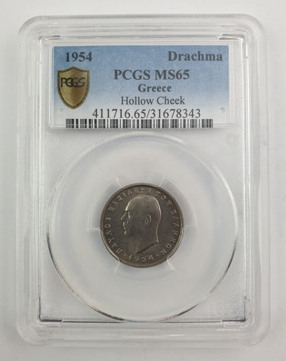 Greece - 1 Drachma 1954 (MS 65), Hallow Cheek, Paul I