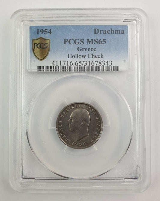 Greece - 1 Drachma 1954 (MS 65), Hallow Cheek, Paul I