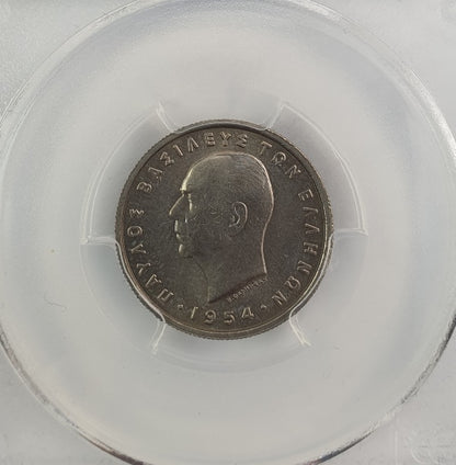 Greece - 1 Drachma 1954 (MS 65), Hallow Cheek, Paul I