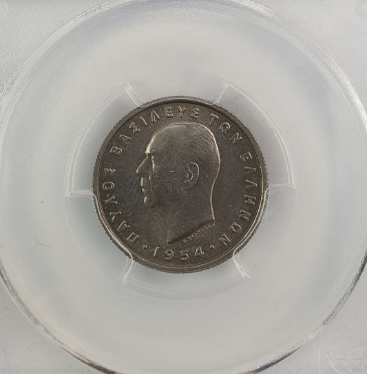 Greece - 1 Drachma 1954 (MS 65), Hallow Cheek, Paul I